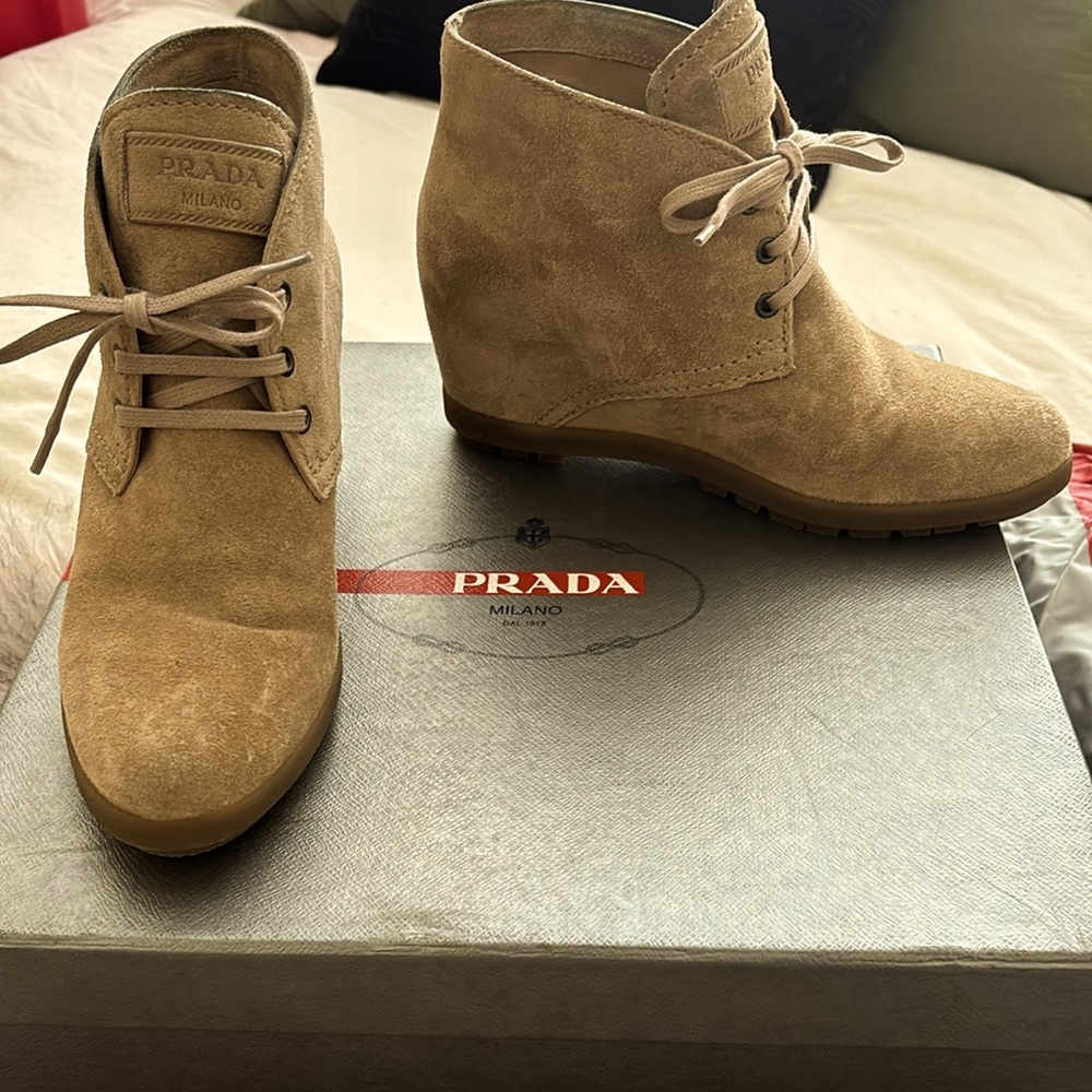 Prada suede wedged ankle booties